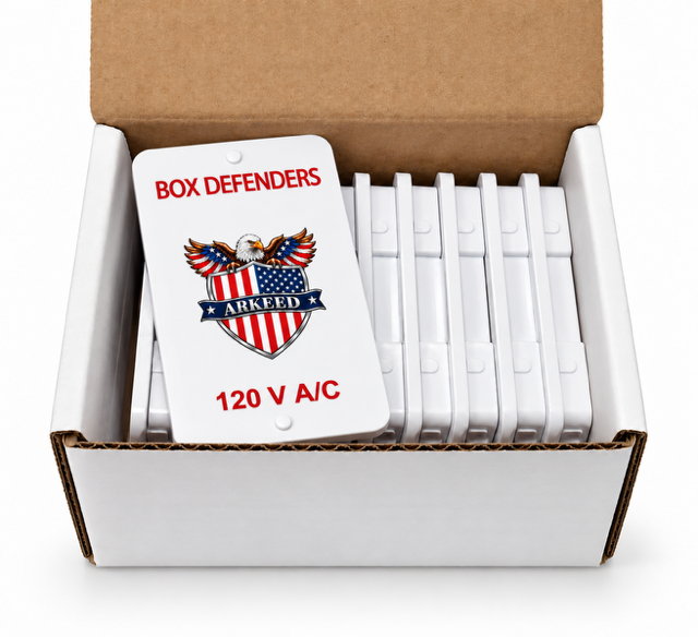10-pack of white Box Defenders covers with the Arkeed eagle logo