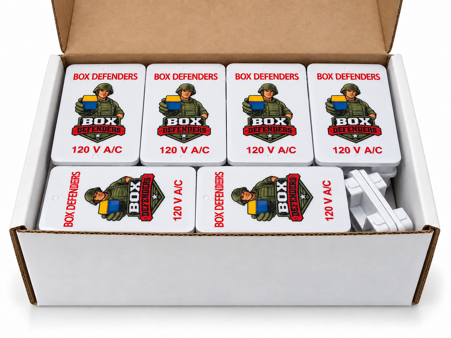 50-pack of white Box Defenders covers with the soldier design