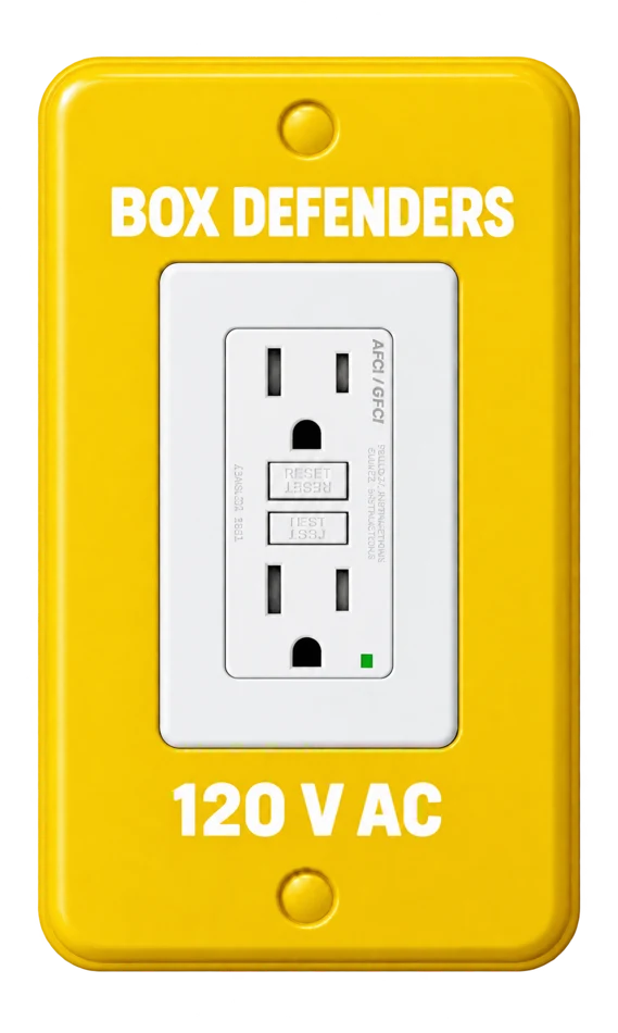 Yellow protective cover with printed white GFI outlet image, test and reset buttons, and white lettering