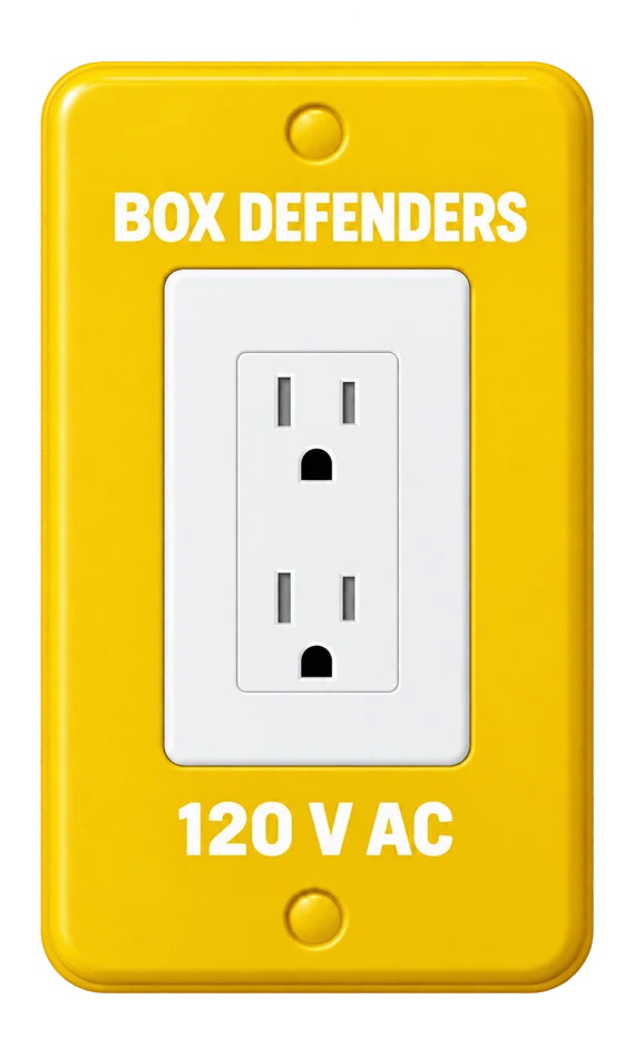 Yellow protective cover with a printed white outlet image and white lettering