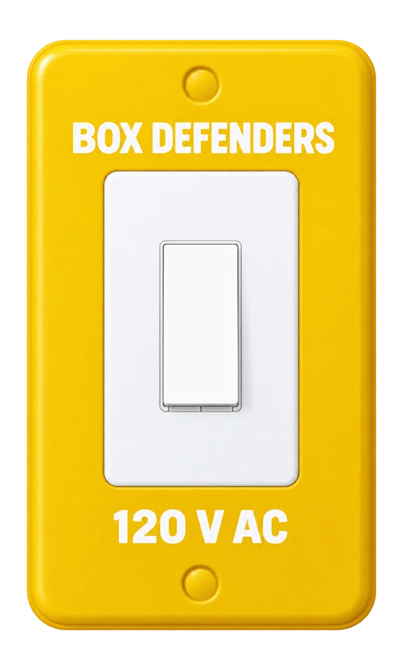 Yellow protective cover with a printed white switch image and white lettering