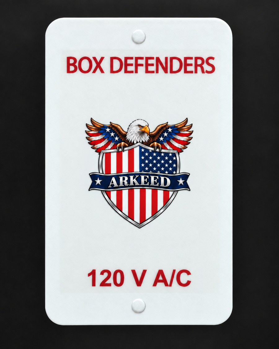 White Box Defenders electrical cover with the ARKEED eagle logo and 120 V A/C marking